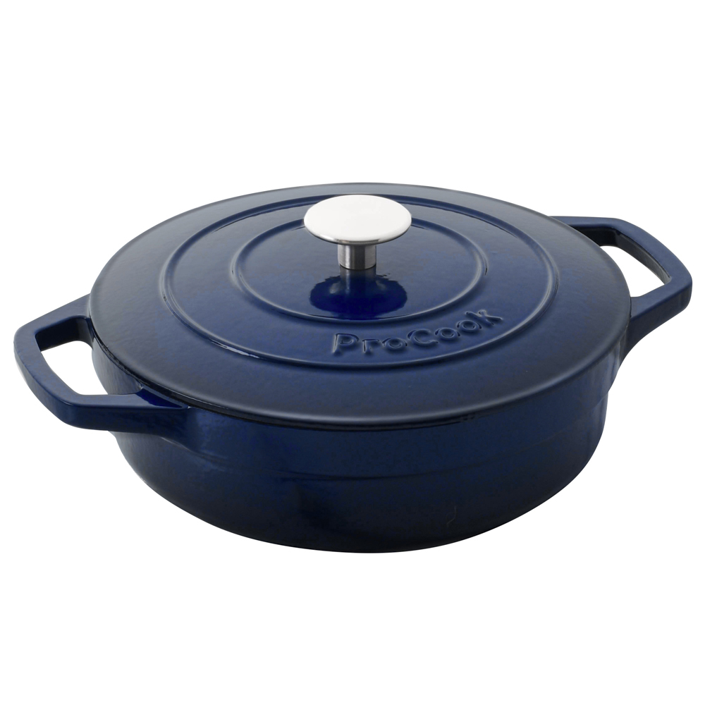 View Blue Shallow Cast Iron Casserole Dish 25L Cookware by ProCook information