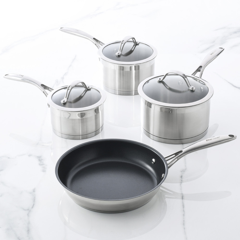 View ProCook Professional Steel Cookware Pots Pans Set 4 Piece information