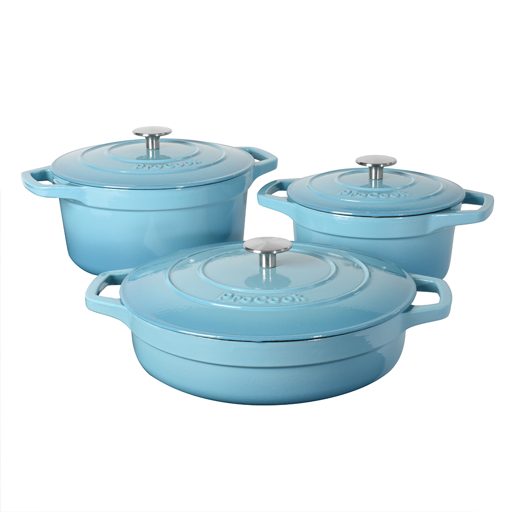 View 3 Piece Turquoise Cast Iron Casserole Dish Set Cookware by ProCook information