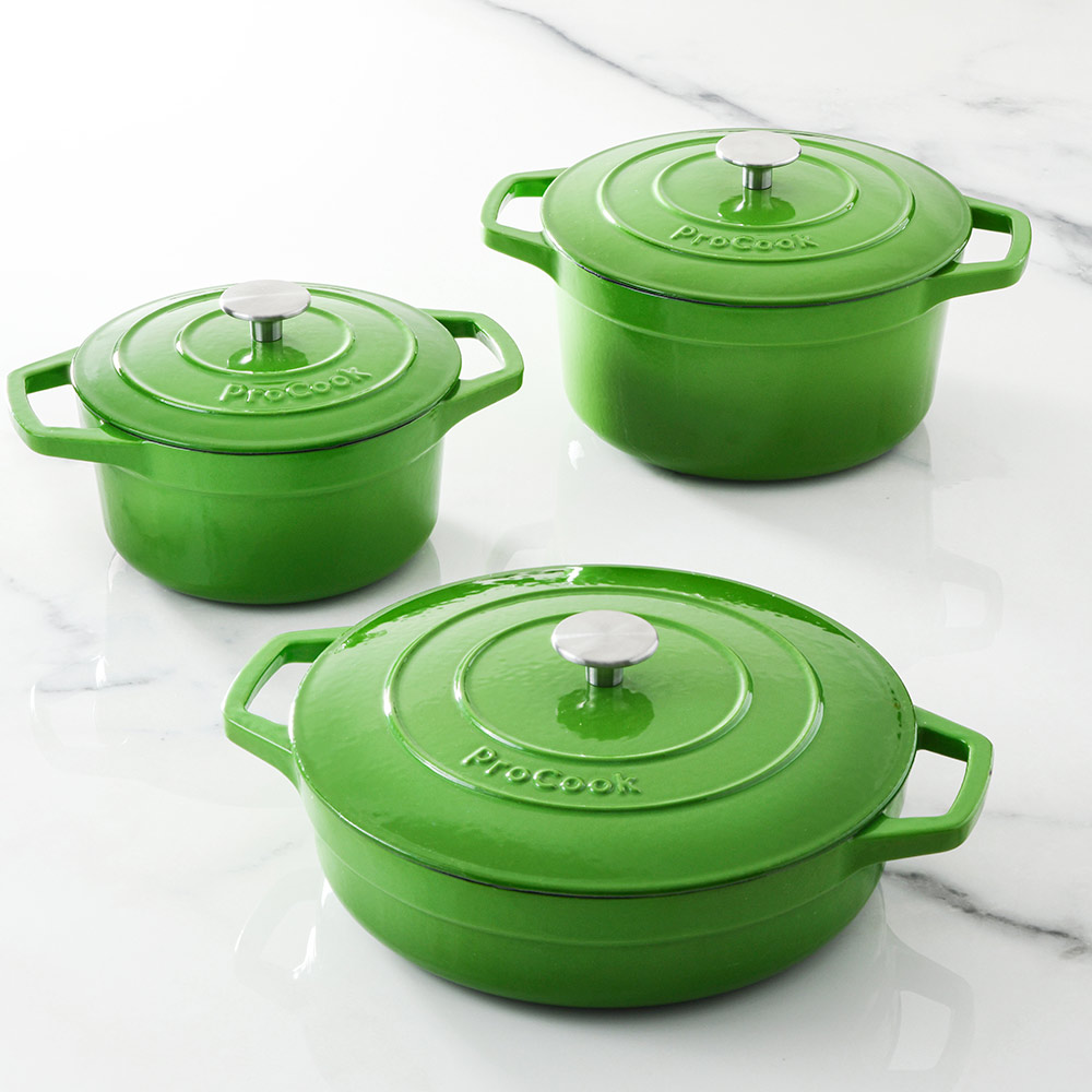 View 3 Piece Green Cast Iron Casserole Dish Set Cookware by ProCook information