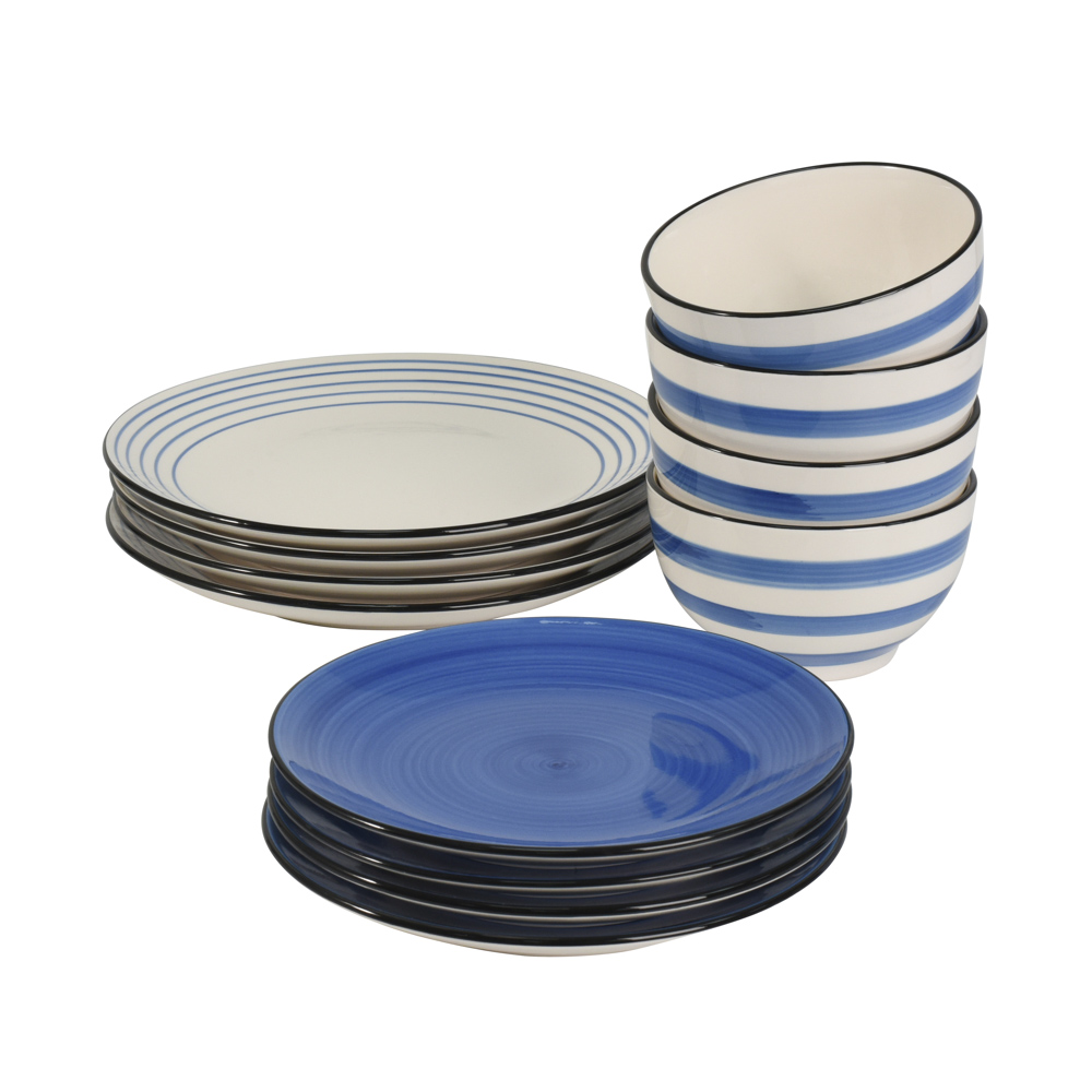 View 12 Piece Blue Stoneware Dinner Set with Cereal Bowls Coastal Tableware by ProCook information