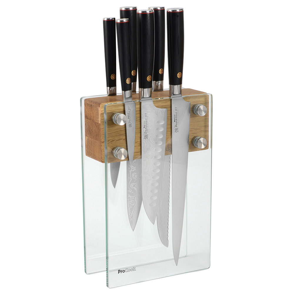 View 6 Piece Damascus Knife Set Magnetic Glass Block Knives by ProCook information