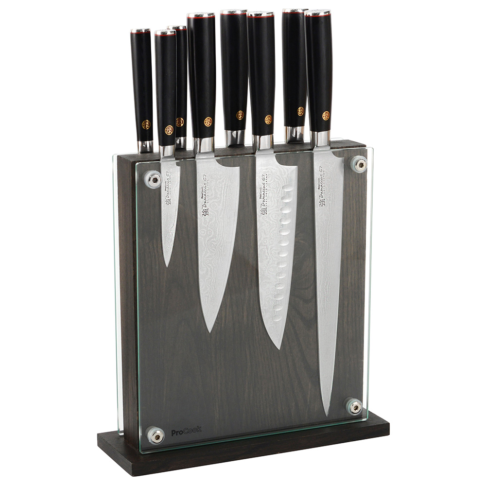 View 8 Piece Damascus Knife Set with Magnetic Glass Blackened Ash Block Knives by ProCook information