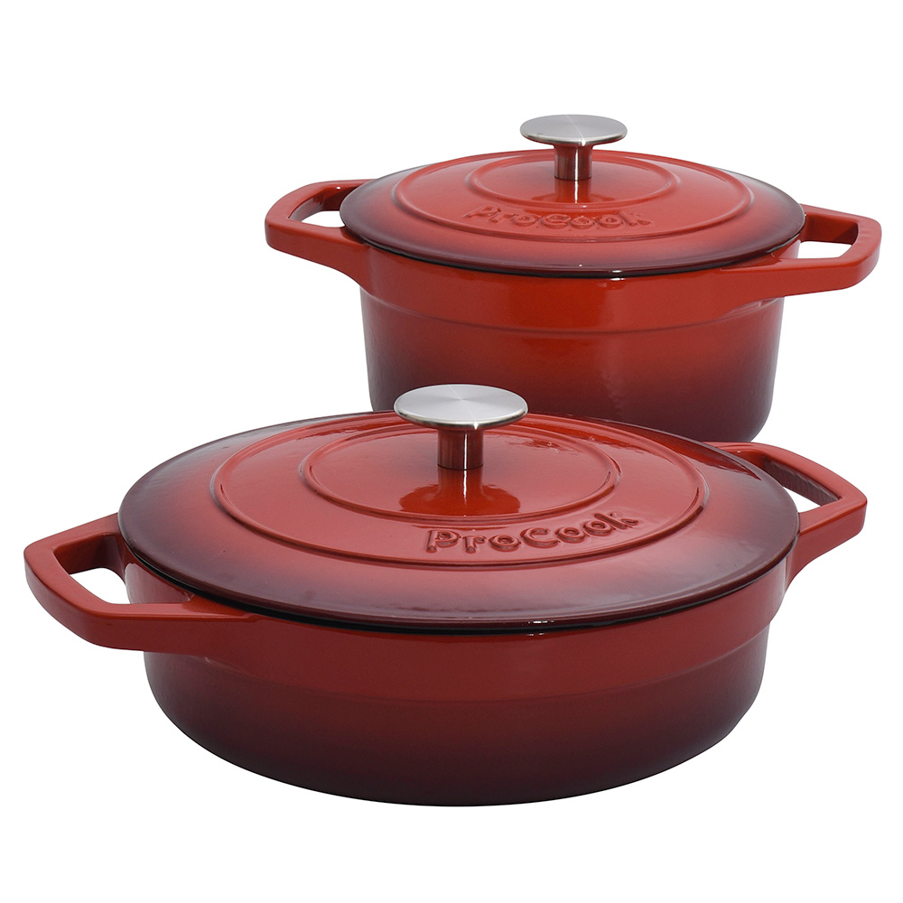 View 2 Piece Red Cast Iron Casserole Dish Set Cookware by ProCook 20cm 24cm information