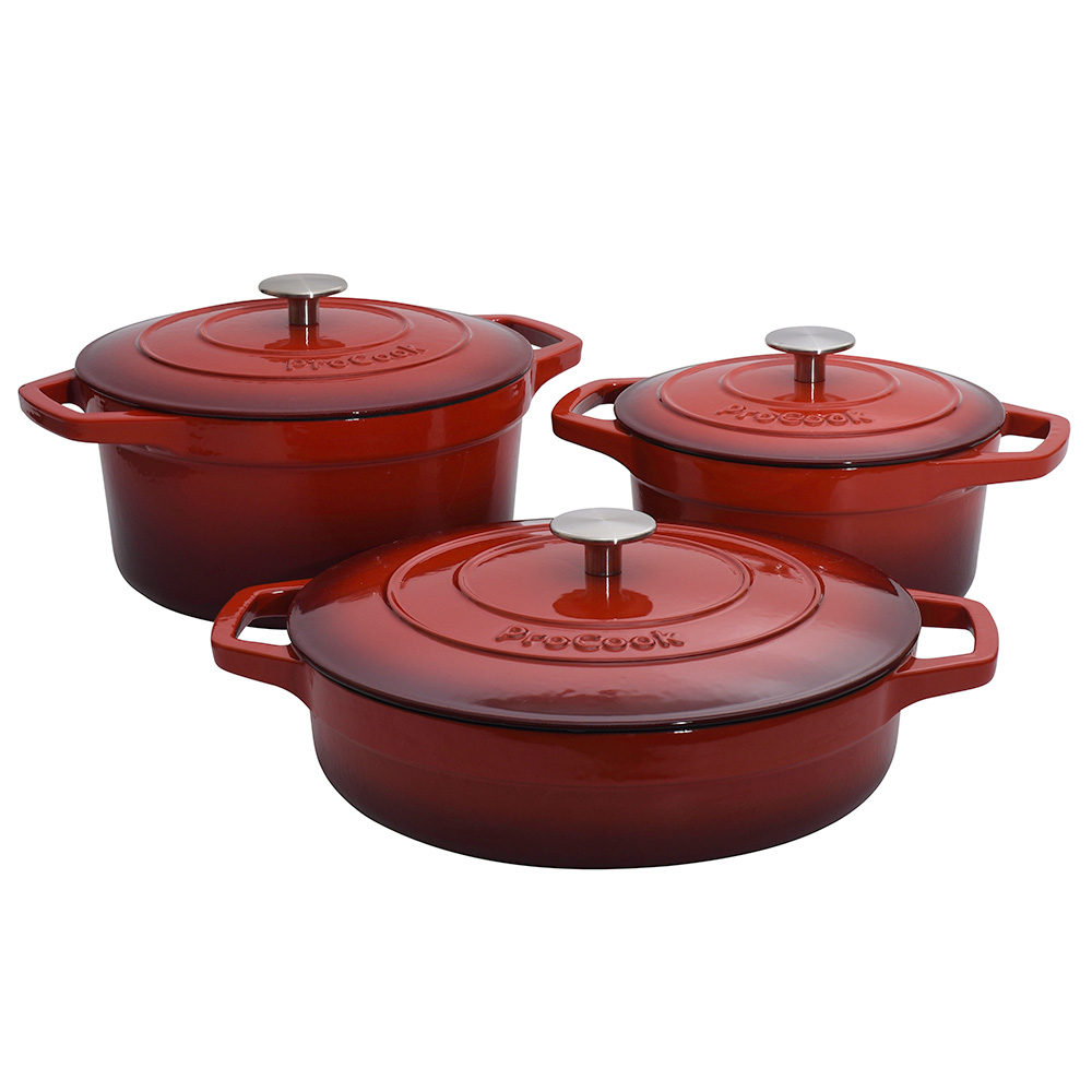 View 3 Piece Red Cast Iron Casserole Dish Set Cookware by ProCook information