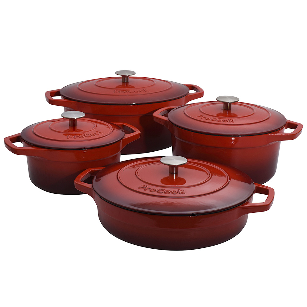 View 4 Piece Red Cast Iron Casserole Dish Set Cookware by ProCook information