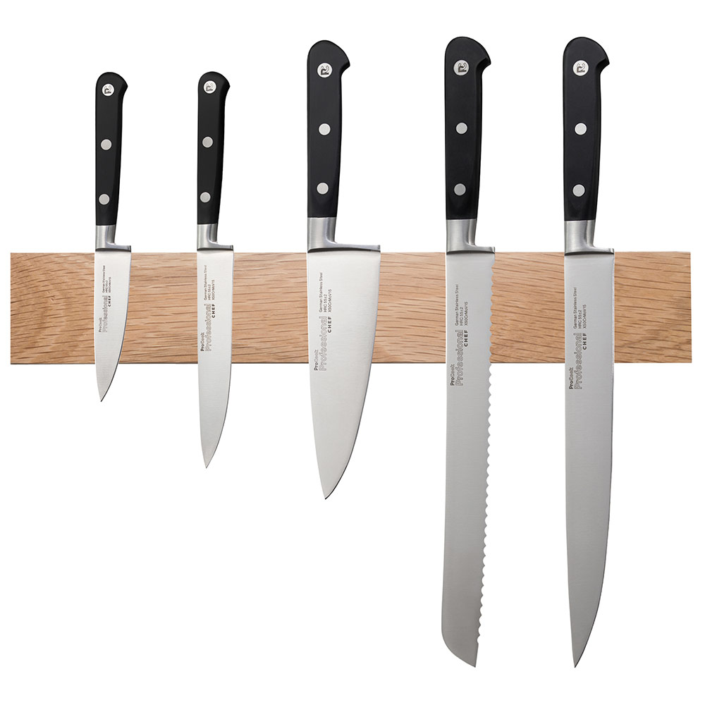 View 5 Piece Knife Set Magnetic Oak Rack Professional X50 Chef Knives by ProCook information