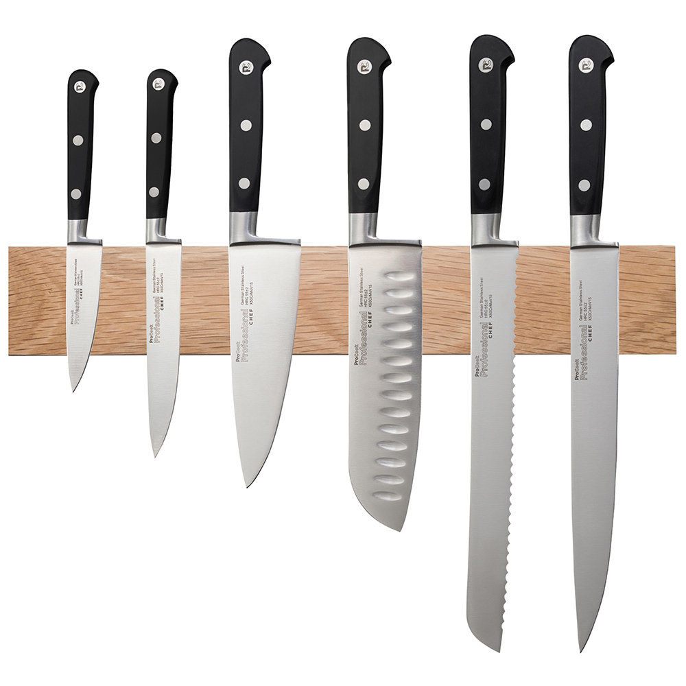 View 6 Piece Knife Set Magnetic Oak Knife Rack Professional X50 Chef Knives by ProCook information