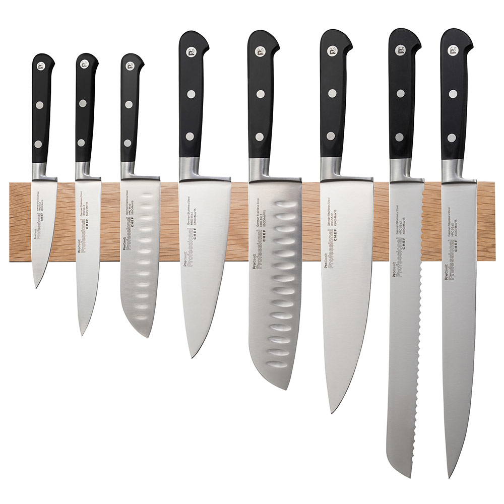 View 8 Piece Knife Set Magnetic Oak Knife Rack Professional X50 Chef Knives by ProCook information