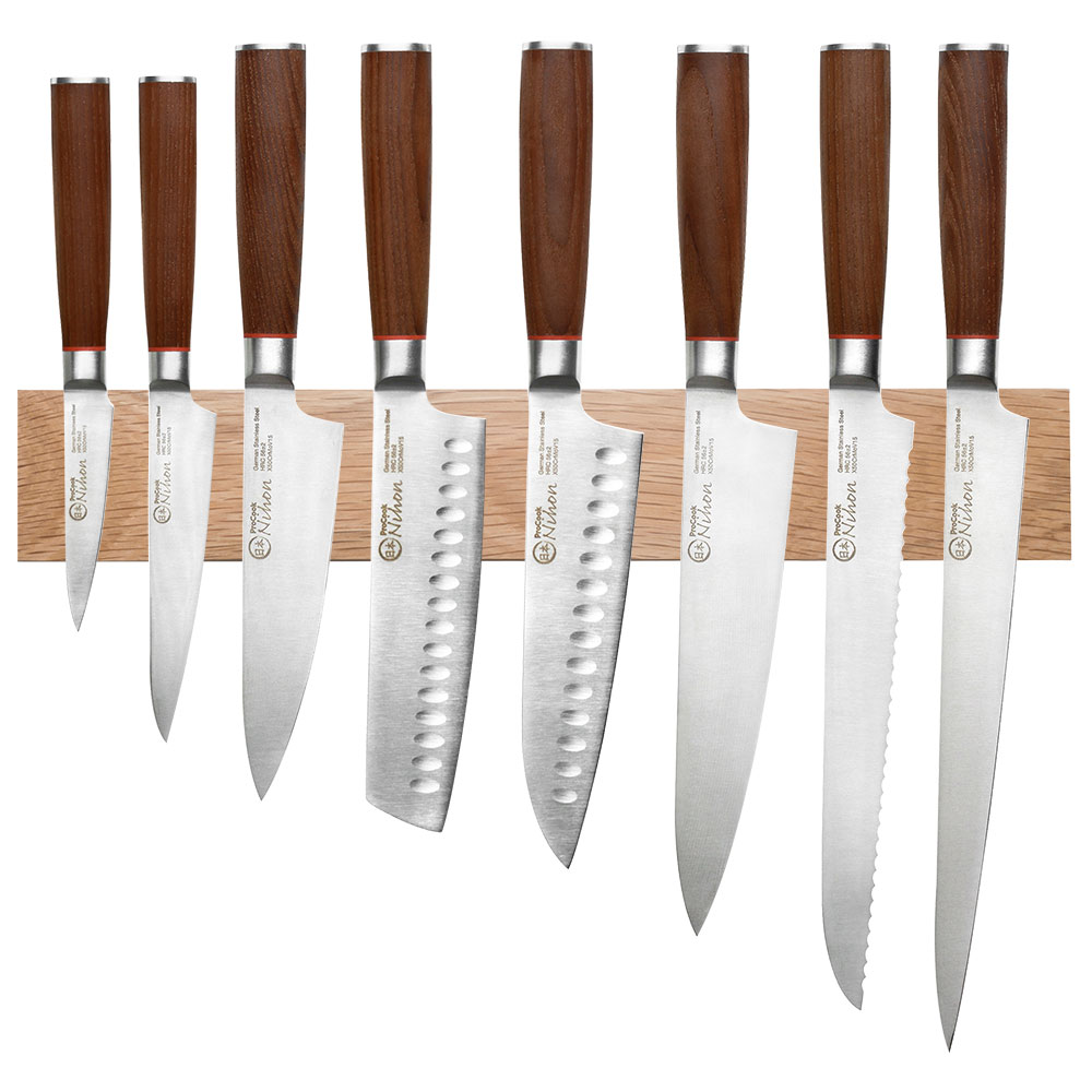 View 8 Piece Knife Set Magnetic Oak Rack Nihon X50 Knives by ProCook information