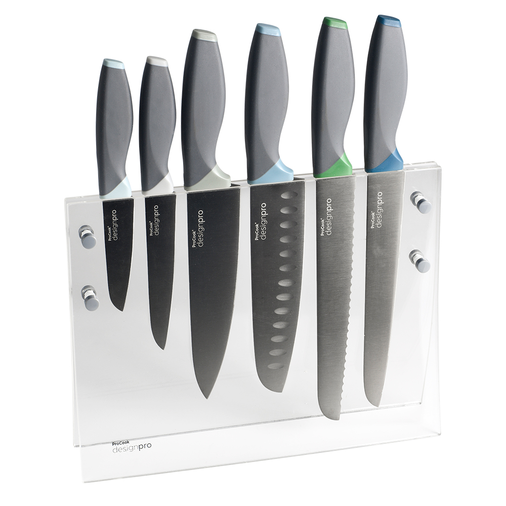 View 6 Piece Multicoloured Titanium Knife Set Clear Flared Acrylic Block Designpro Knives by ProCook information