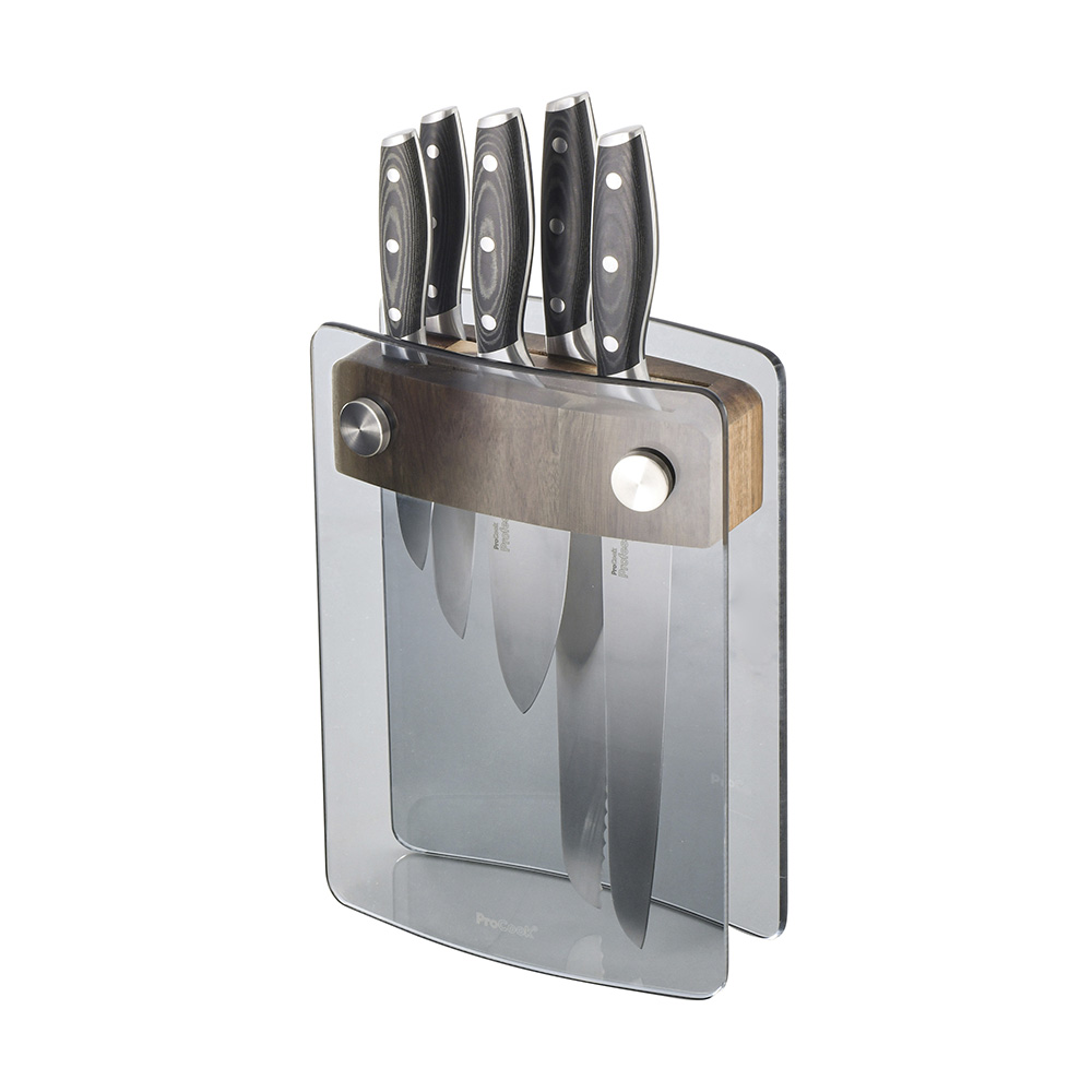View 5 Piece Knife Set with Glass Acacia Block Professional X50 Contour Knives by ProCook information