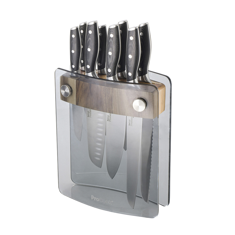 View 8 Piece Knife Set with Glass Acacia Block Professional X50 Contour Knives by ProCook information