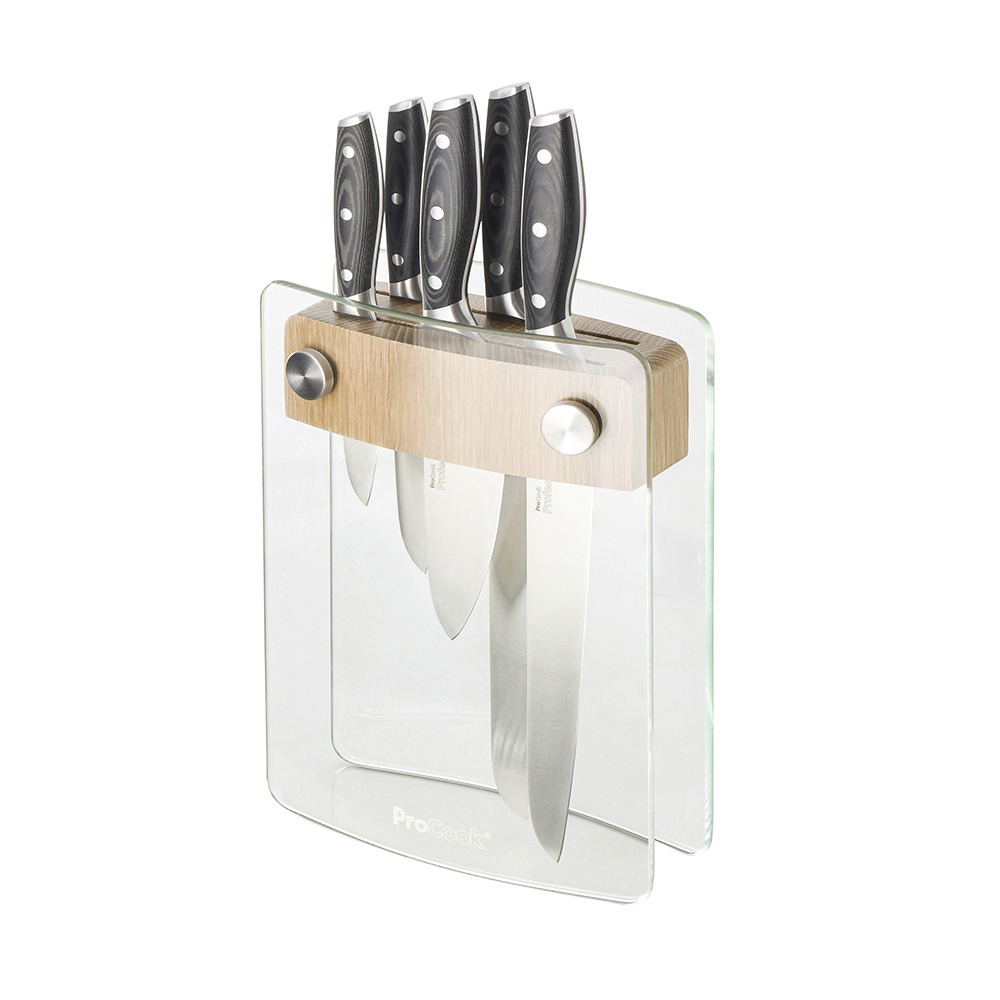 View 5 Piece Knife Set with Glass Oak Block Professional X50 Contour Knives by ProCook information