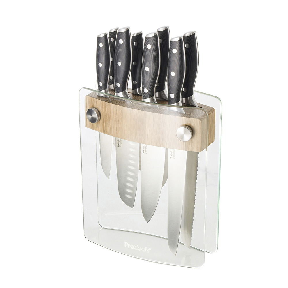 View 8 Piece Knife Set with Glass Oak Block Professional X50 Contour Knives by ProCook information