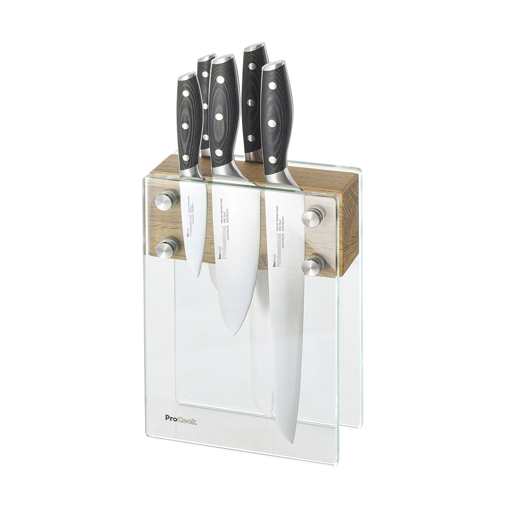 View 5 Piece Knife Set Magnetic Glass Block Professional X50 Contour Knives by ProCook information