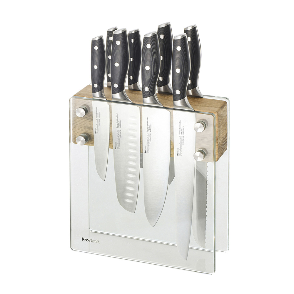 View 8 Piece Knife Set Magnetic Glass Block Professional X50 Contour Knives by ProCook information