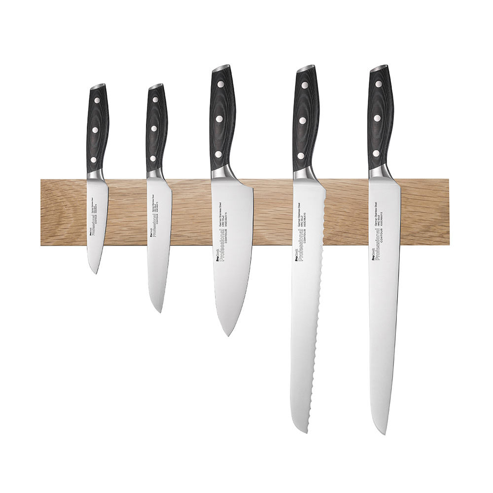 View 5 Piece Knife Set Magnetic Oak Rack Professional X50 Contour Knives by ProCook information