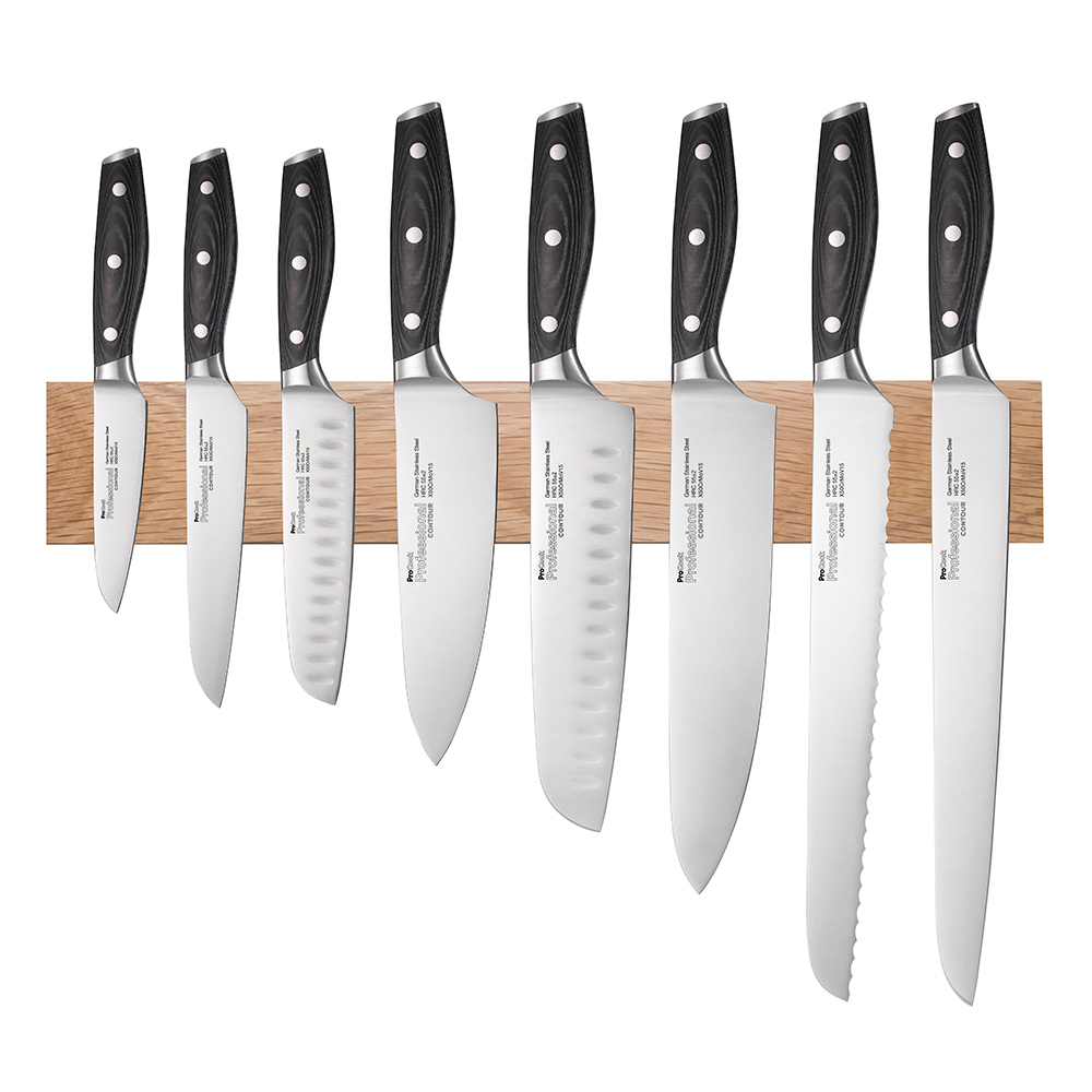 View 8 Piece Knife Set Magnetic Oak Rack Professional X50 Contour Knives by ProCook information