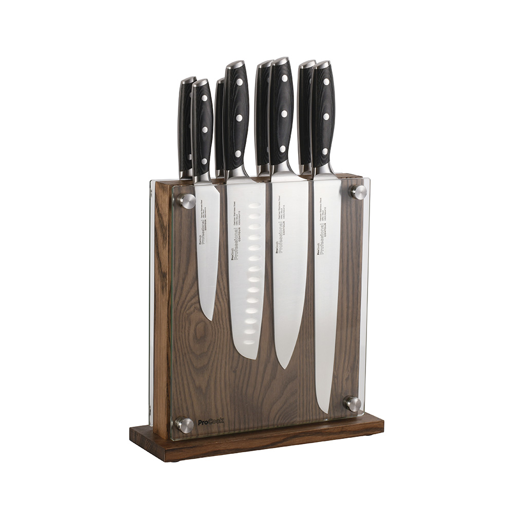 View 8 Piece Knife Set Magnetic Glass Ash Block Professional X50 Contour Knives by ProCook information