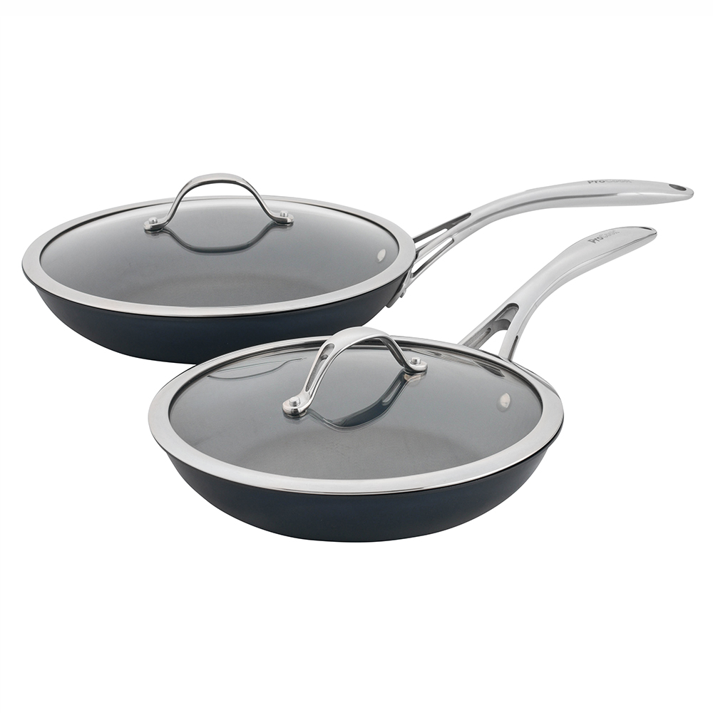 View ProCook Professional Blue Steel Cookware Frying Pan Set With Lid 24cm 28cm information